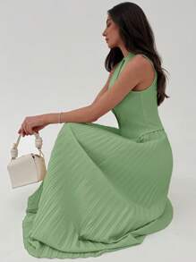 Aloruh Elegante conjunto de 2 piezas de top de apertura delantera con botones y falda plisada, estilo universitario de uso múltiple para oficina/viajes - Verde - Ver 3