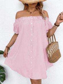 SHEIN LUNE Plus Size Women Off Shoulder Striped Button Design Loose Vacation Dress - Pink - View 7