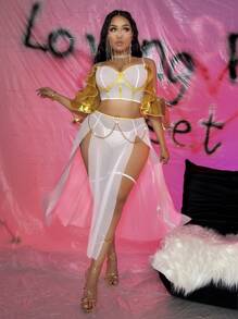 5 件套：成熟迷人奢华网眼撞色美人鱼袖开衩下摆性感内衣套装 - 彩色 - 查看 6