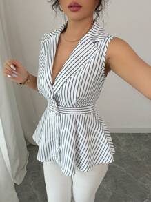 Gloray Áo sơ mi công sở kẻ sọc có cổ, vừa vặn với eo, đa năng, thoải mái cho nữ - Đen và trắng - Xem 1