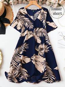 SHEIN Holidaya Plus Size Women Tropical Plant Print V-Neck Short Sleeve Casual Dress