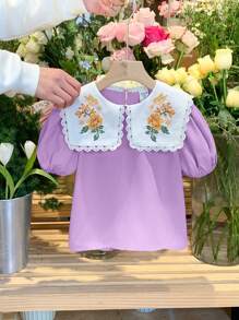 LMoss Kids LMoss Young Girl Color Block Embroidery Collar Casual Blouse - Purple - View 1