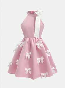 Girlism Tween Girls 优雅露肩拼色系带蝴蝶结无袖迷你连衣裙，春夏 - 粉色 - 查看 6