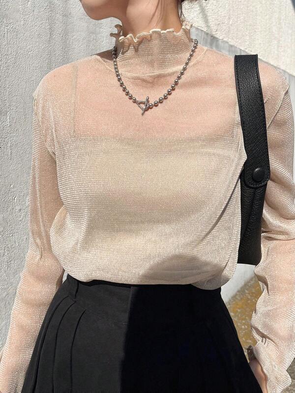 FRIFUL Women's Mesh Turtleneck Sheer Blouse, Summer Apparel Long Sleeve Top