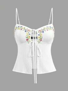 SHEIN MOD Women's Embroidered White Floral Embroidery Boho Top, Casual Summer Western Easter Beach Top, For Rave