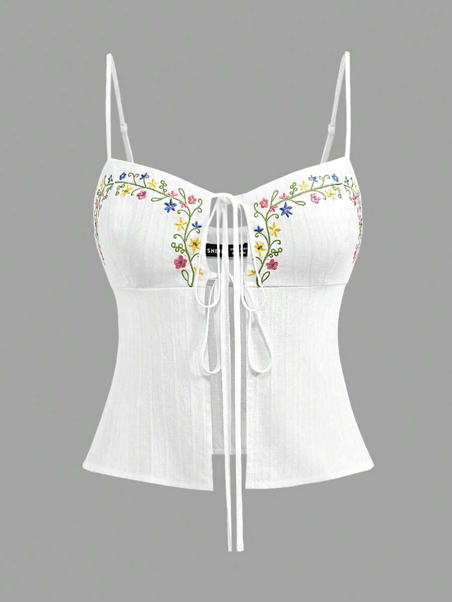 SHEIN MOD Women's Embroidered White Floral Embroidery Boho Top, Casual Summer Western Easter Beach Top, For Rave