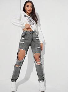 SHEIN EZwear Women's Light Grey Ripped Jeans: Casual Long Denim Pants With Zipper Detail And Distressed Design - Light Grey - View 5