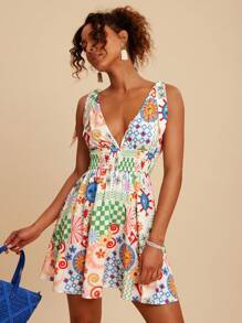 Travachic 女士梭织印花V领无袖迷你连衣裙，梭织图案印花，女士休闲夏季度假装，波西米亚海滩度假装，波西米亚风，乡村音乐会装，节日庆典装，女士海滩装，复古风女士装，夏季太阳裙，女士夏季连衣裙，毕业装，复古风女士装，夏季太阳裙，蝴蝶结肩带 - 彩色 - 查看 5