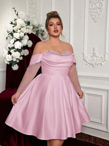 Glamrae Plus Size Elegant & Luxurious Long Sleeve Heart Collar Sequins Patchwork A-Line Bridal Satin Wedding Gown, Bridal Party Gift, Wedding Dress, Bride - Pink - View 1