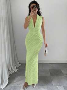 Rafferiza Rochie maxi fără spate, cu tiv de sirenă, cu texturi și mușchi - Verde - Vizualizare 1