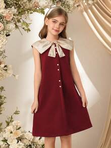 SHEIN 青少年女孩蝴蝶结领口通勤日常连衣裙