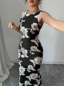 Elenzga Vestido sólido de mujer elegante, de moda, para ir a trabajar, encantador, sin mangas, de cuello redondo, cintura ceñida, ajustado al Body, con bordados - Negro - Ver 6