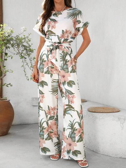 SHEIN Clasi Summer Elegant Women's Tropical Plant Printed Waistband With Adjustable Waist Cinching Short Sleeved Jumpsuit, Suitable For Various Occasions