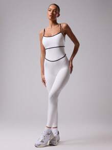 Musera Sport 撞色饰边缝线细肩带修身吊带运动连体衣，适合板网球、网球、匹克球健身 - 白色 - 查看 4