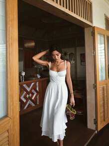 SHEIN Frenchy 女式休闲纯色收腰细肩带白色连衣裙，夏季 - 白色 - 查看 11