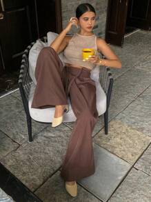 Livesso Old Money Women's Casual Solid Color Loose Wide Leg Pants With Drawstring And Zipper Fall - Coffee Brown - View 4
