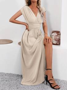 SHEIN Clasi 女士 V 领褶皱腰开叉优雅时尚长款女装 - 杏色 - 查看 4