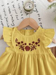 LMoss Kids LMoss Baby Girl Woven Embroidered Round Neck Ruffle Hem Dress With Diagonal Shoulder Bag,Sisters Outfit,Suitable For Spring And Summer - Yellow - View 3