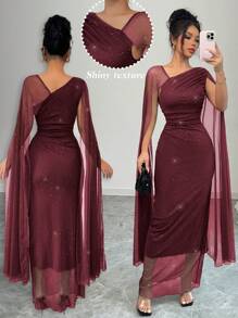 Elenzga Luxury Women's Solid Knitted Mesh Pleated Cape Sleeve Fitted Bodycon Evening Dress