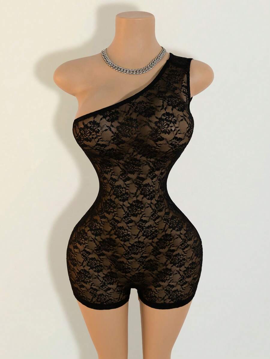 Mistrie Ladies' Spring/Summer Sexy Perspective Lace Music Festival One Shoulder Tight Jumpsuit - Black - View 1