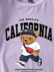 SHEIN EZwear 休闲修身泰迪熊图案圆领短袖女式 T 恤，适合夏季 - 紫色 - 查看 5