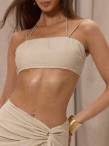 MUSERA Thin Strap Textured Crop Top Only Spring Vacation Holiday Elegant Beachwear Boho Romantic Linen Feel Elegant, - Mint Green - View 4