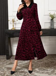Modelyn Vestido largo de noche elegante para mujer con cuello de contraste de terciopelo, estampado de leopardo y dobladillo con volantes