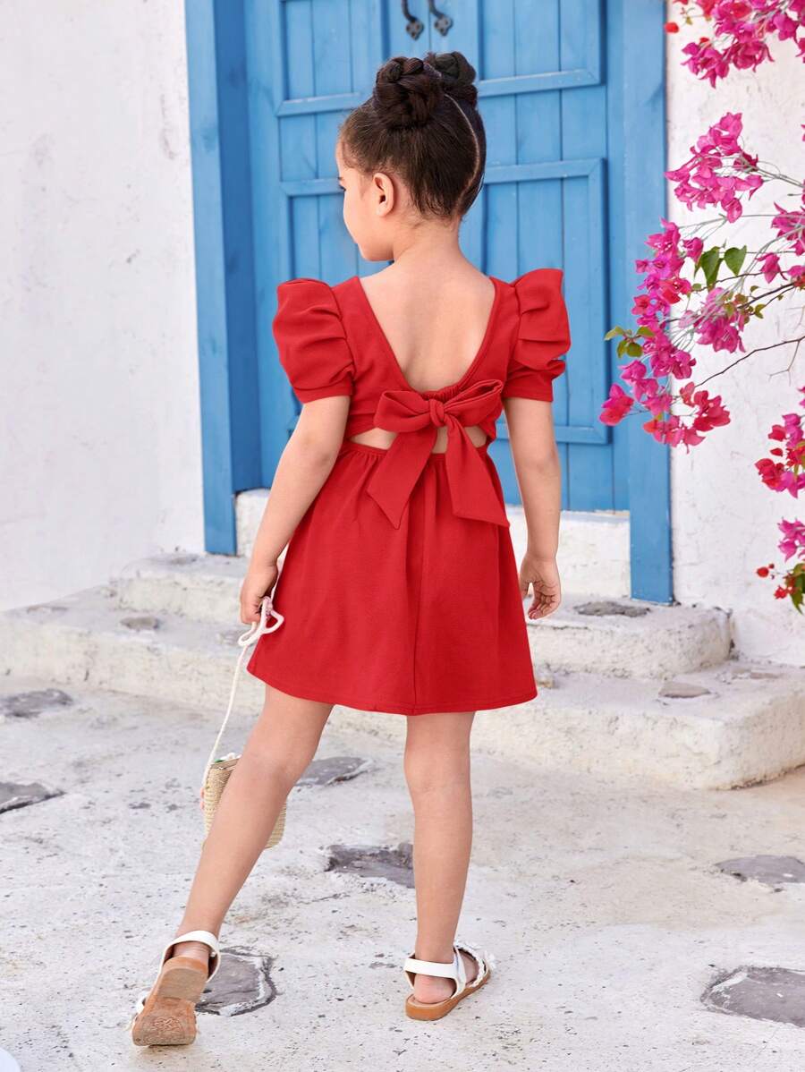 SHEIN Leap Crew Vestido informal de unicolor de cuello redondo y manga corta sin espalda para niña joven - Rojo - Ver 1