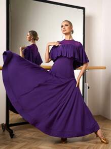 Dansine Mesh Patchwork Super Flared Ruffle Hem Women's Dance Dress - Purple - View 4