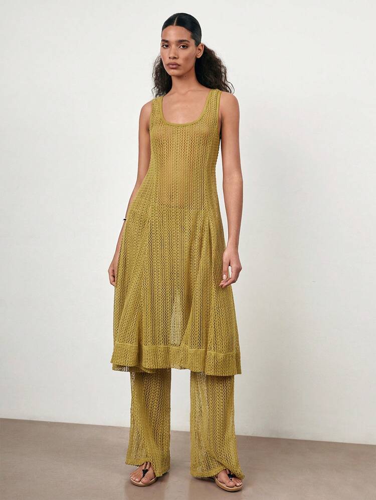 SHEIN Maija Women's Casual Khaki Maxi Dress With Scoop Neck, Sleeveless Design, And Hollow Out Detail In A Semi-Sheer Knitted Fabric