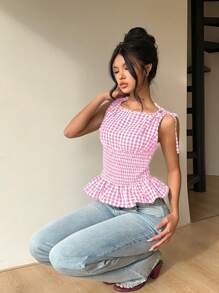 Aloruh Women's New Black & White Plaid Retro Romantic Date/Afternoon Tea Bow Collar Slim Fit Ruffle Hem Vest Y2K Cute Casual Blouse - Pink - View 4