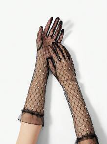 SHEIN SXY 蕾丝水钻短款手套，网眼白色蕾丝边，万圣节服装，新娘婚纱分指手套 - 黑色 - 查看 7