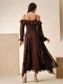Anewsta 女士优雅雪纺拼接褶饰荷叶边细肩带连衣裙，浪漫度假、派对、约会之夜、春夏季 - 摩卡棕 - 查看 4