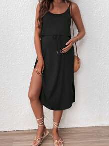 SHEIN 孕妇度假休闲纯色侧开衩吊带孕妇哺乳连衣裙 - 黑色 - 查看 5