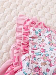 SHEIN 3pcs/Set Baby Girl Cute Floral & Leopard Print Ruffle Hem Casual Outfit - Baby Pink - View 3