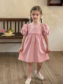 LMoss Kids LMoss  Young Girls Solid Color Round Neck Fitted Puff Sleeve Casual Dress Classic Dress For Girls Matching Girls Dresses Pretty Dresses For Girls Vintage Girls Dress Sisters Outfit,Suitable For Spring And Summer - Pink - View 3