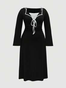 Flirla Women Plus Size Front Tie Long Sleeve Elegant Ruffle Dress Fall Cloth For Women - Black - View 1