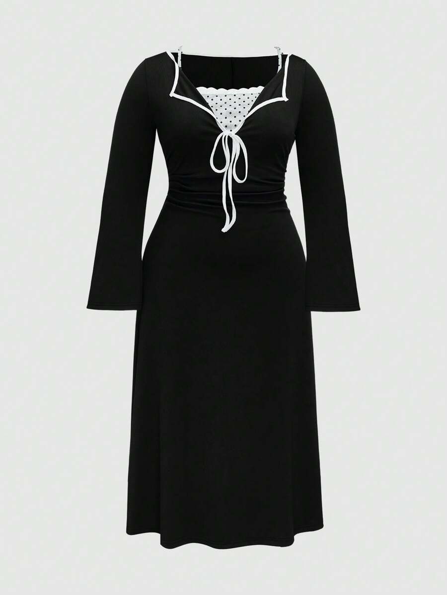 Flirla Women Plus Size Front Tie Long Sleeve Elegant Ruffle Dress Fall Cloth For Women - Black - View 1