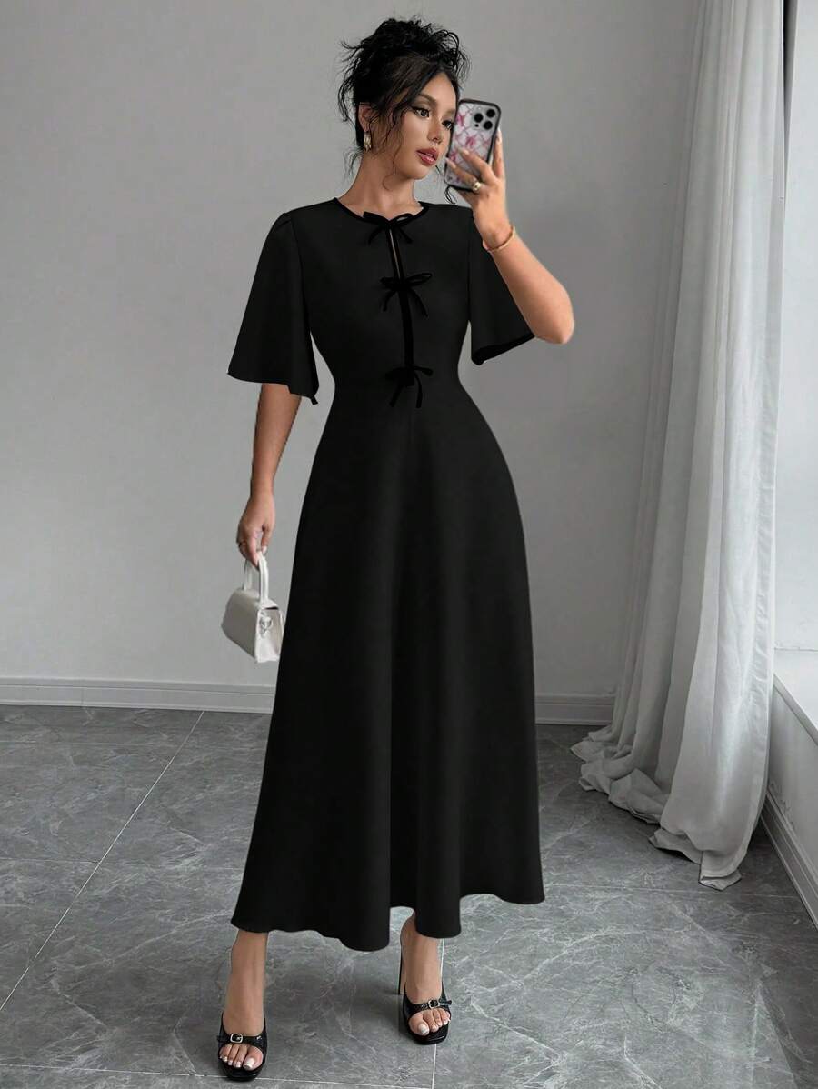 Rafferiza Elegant Color-Block Bow Decor Round Neck Waist Cinched Short Sleeve Solid Color Dress, Women Spring/Fall Long Dress - Black - View 1