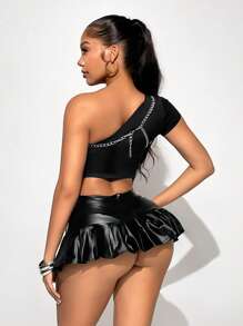 Sirith Women's Fashionable Cross Chain Decorated Cropped Top, Summer - Black - View 2