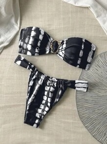 Swim Chiccia Spring Break Women Summer Random Print Metal Decor Sexy Bikini Set - Black and White - View 1