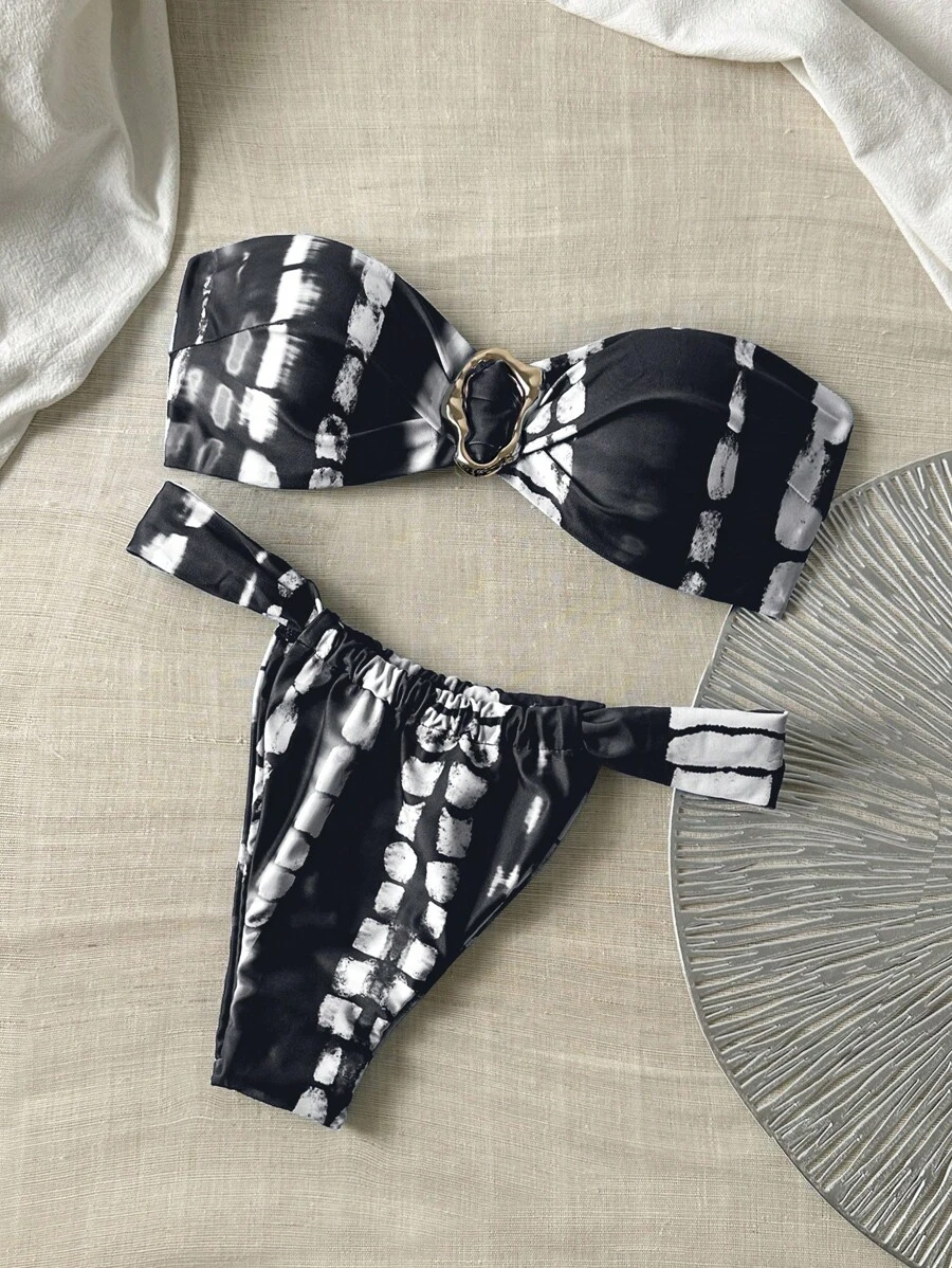 Swim Chiccia Spring Break Women Summer Random Print Metal Decor Sexy Bikini Set - Black and White - View 1