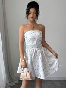 Elenzga Women's Ditsy Floral Ruffle Bandeau Short Holiday Dress