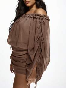 MISSGUIDED PLUS Plus Size Off Shoulder Ruffle Mini Dress Blouson Sleeve Party Evening Special Occasion Chiffon Ruched Bodycon Dress With Gathered Sleeves - Mocha Brown - View 6