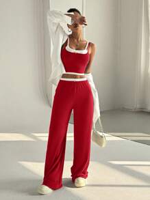 SHEIN Unity American Casual Sports 2 Pieces Set, Gray Paneled Tank Top And Mid-Waist Long Pants With Floral Decor, For Women Summer - Red - View 3