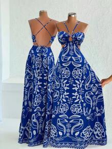 SHEIN SunnyBelle Plus Size Casual Vacation Tropical Floral Print Ruched Front Strap Dress, Suitable For Beach, Summer Women Outfit