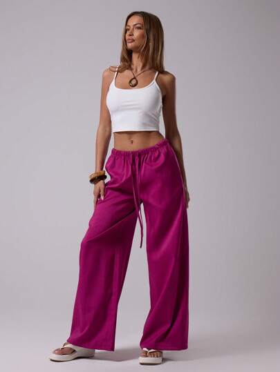 MUSERA Holiday Drawstring Waist Trousers Summer Elegant Casual Beach Linen Look Vacation Ibiza Boho Holiday