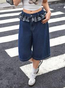 SHEIN EZwear Women Waist Splicing Plaid Ruffle Hem Wide Leg 3/4 Length Cropped Jeans - Dark Wash - View 4