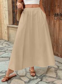Pariaura Elastic Waist Solid High Waist A-Line Skirt, Versatile And Slimming Fall Cloth For Women - Apricot - View 6