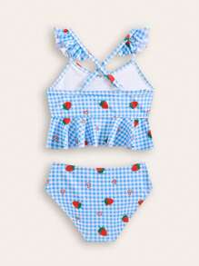 New Style Young Girl Plaid And Strawberry Print Tankini Swimsuit Set - Multicolor - View 2
